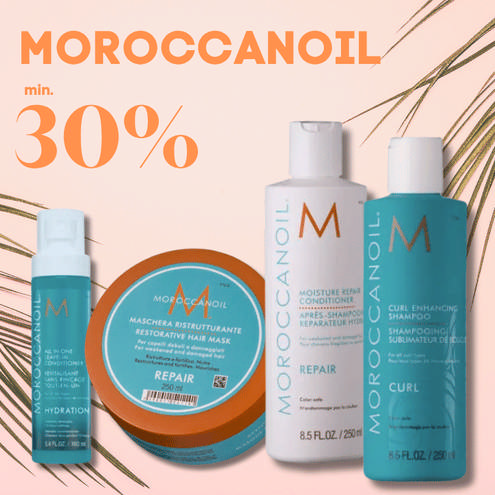 Moroccanoil hårplejeprodukter: Extra Volume Shampoo og Moroccanoil Treatment Light, der giver volumen og næring til håret.