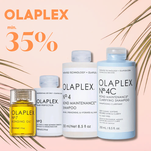 Olaplex produkter: No. 4 Bond Maintenance Shampoo, No. 5 Bond Maintenance Conditioner og No. 7 Bonding Oil. Genopbygger og styrker håret.