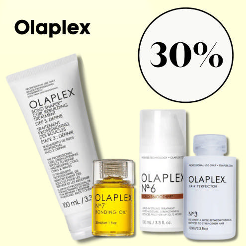 Olaplex produkter: No. 4 Bond Maintenance Shampoo, No. 5 Bond Maintenance Conditioner og No. 7 Bonding Oil. Genopbygger og styrker håret.